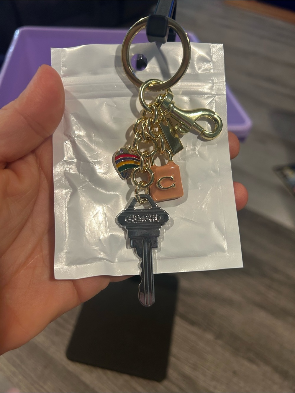 Coach Gold-Tone Keychain with Peach Charm and Rainbow Accent